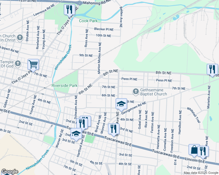 map of restaurants, bars, coffee shops, grocery stores, and more near 612 Webster Avenue Northeast in Canton