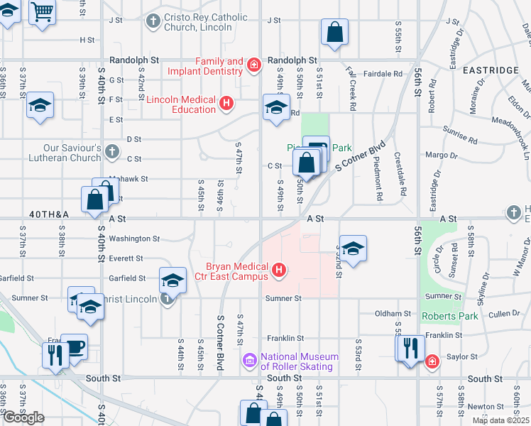 map of restaurants, bars, coffee shops, grocery stores, and more near 4727 A Street in Lincoln