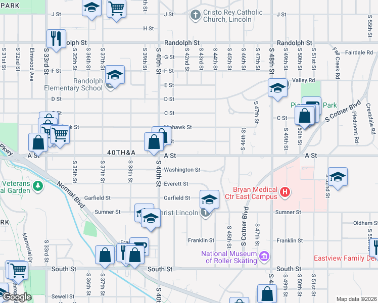 map of restaurants, bars, coffee shops, grocery stores, and more near 4235 A Street in Lincoln