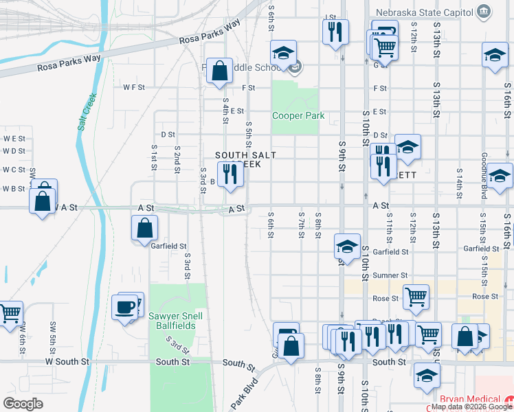 map of restaurants, bars, coffee shops, grocery stores, and more near 510 Washington Street in Lincoln