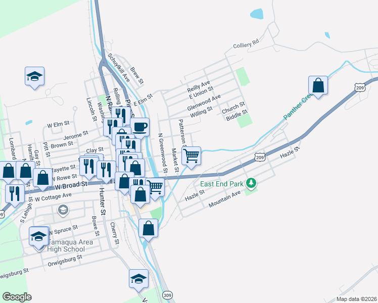 map of restaurants, bars, coffee shops, grocery stores, and more near 27 Market Street in Tamaqua
