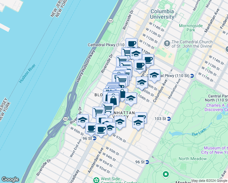 map of restaurants, bars, coffee shops, grocery stores, and more near 244 West 103rd Street in New York