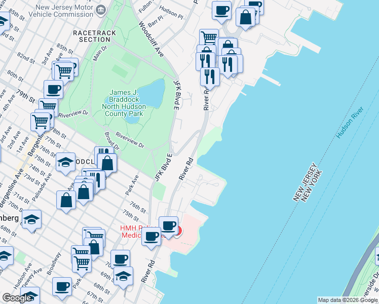 map of restaurants, bars, coffee shops, grocery stores, and more near 12760 River Road in North Bergen