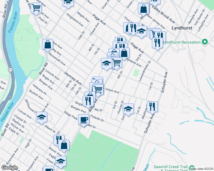 map of restaurants, bars, coffee shops, grocery stores, and more near in Lyndhurst