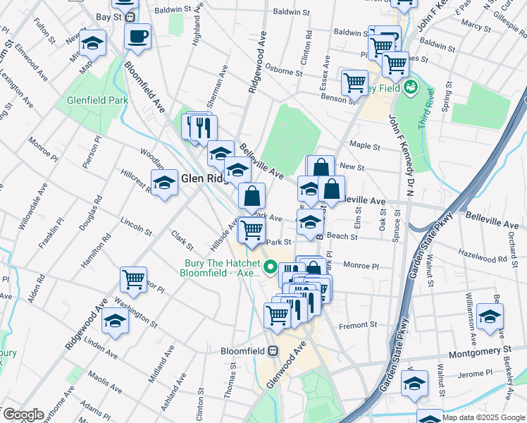 map of restaurants, bars, coffee shops, grocery stores, and more near 735 Bloomfield Avenue in Bloomfield