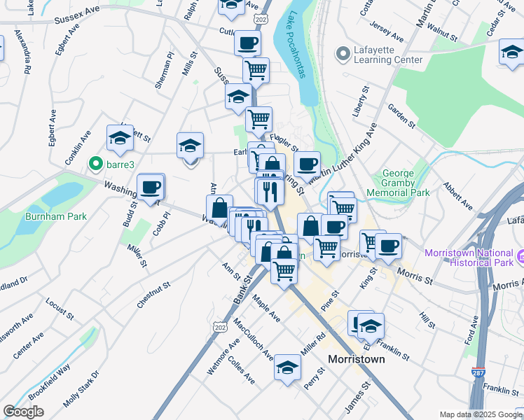 map of restaurants, bars, coffee shops, grocery stores, and more near 3 Prospect Street in Morristown