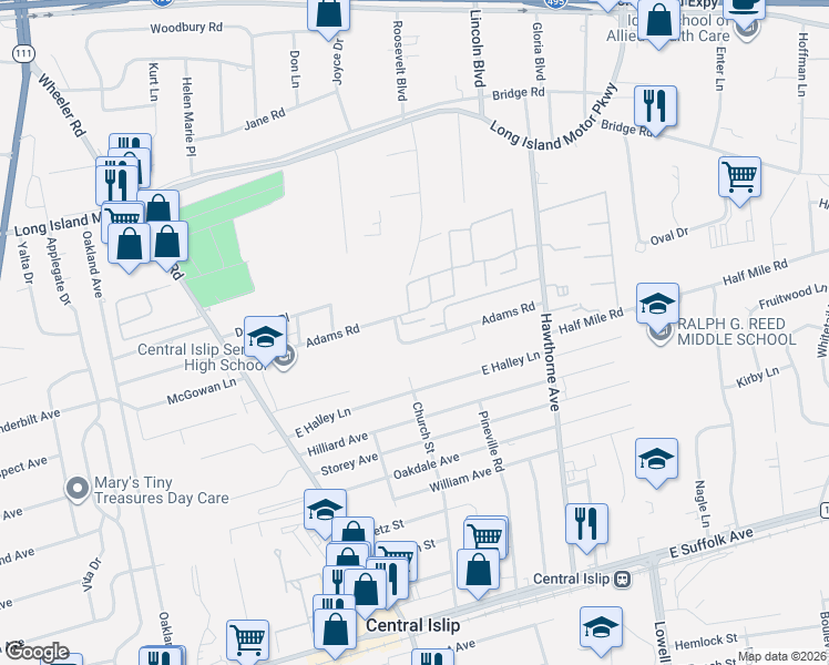 map of restaurants, bars, coffee shops, grocery stores, and more near 45 Adams Road in Central Islip