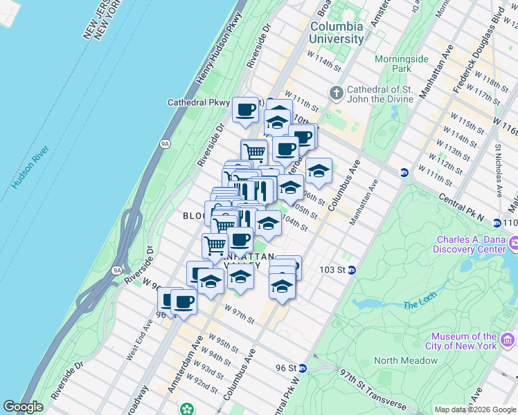 map of restaurants, bars, coffee shops, grocery stores, and more near 210 West 104th Street in New York