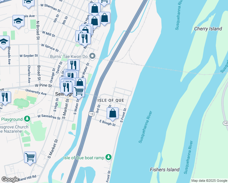 map of restaurants, bars, coffee shops, grocery stores, and more near East Chestnut Street in Selinsgrove