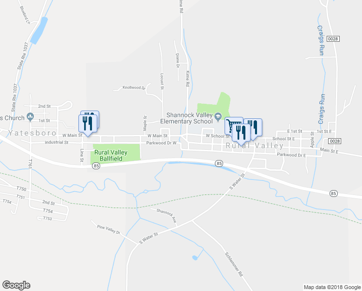 map of restaurants, bars, coffee shops, grocery stores, and more near 418 Parkwood Drive West in Rural Valley