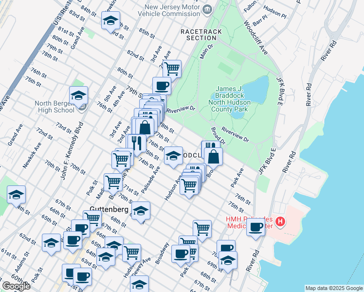 map of restaurants, bars, coffee shops, grocery stores, and more near 326 76th Street in North Bergen