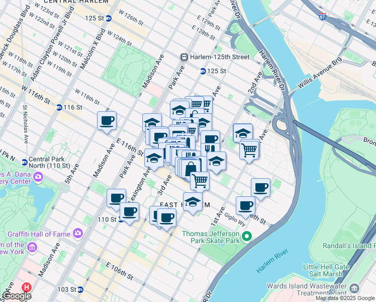 map of restaurants, bars, coffee shops, grocery stores, and more near 2167 3rd Avenue in New York