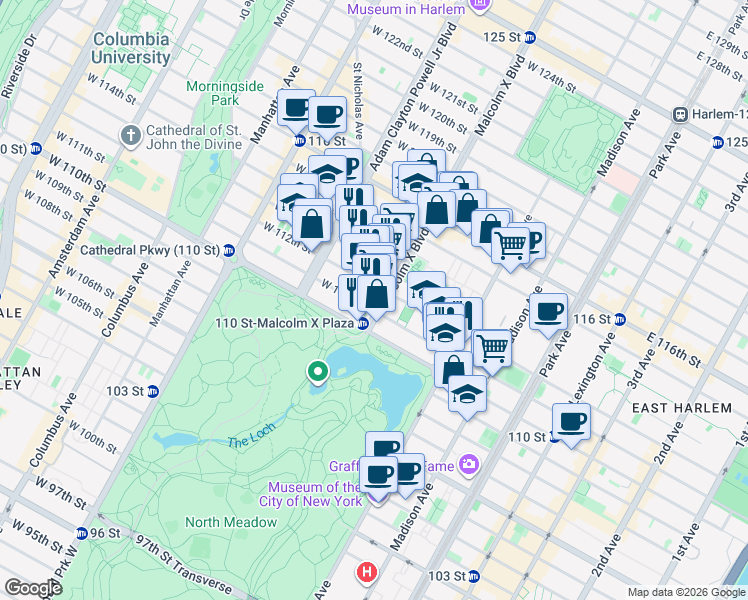map of restaurants, bars, coffee shops, grocery stores, and more near 25 Malcolm X Boulevard in New York
