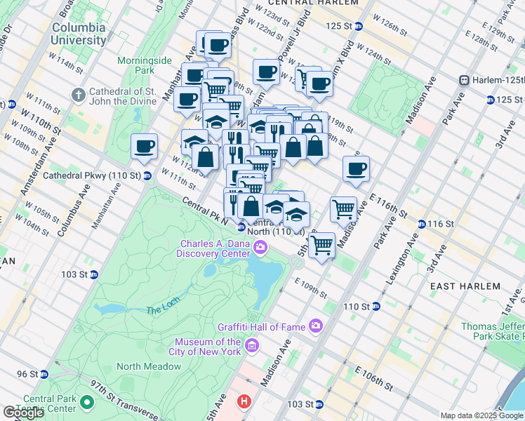 map of restaurants, bars, coffee shops, grocery stores, and more near 100 West 112th Street in New York