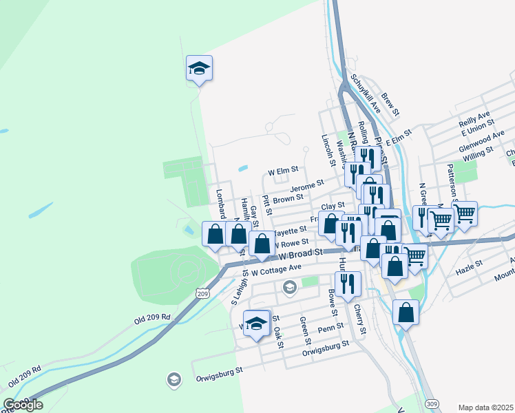 map of restaurants, bars, coffee shops, grocery stores, and more near 217 Gay Street in Tamaqua