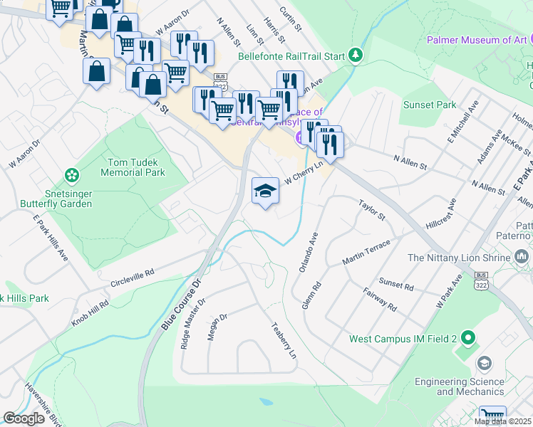 map of restaurants, bars, coffee shops, grocery stores, and more near 800 West Cherry Lane in State College