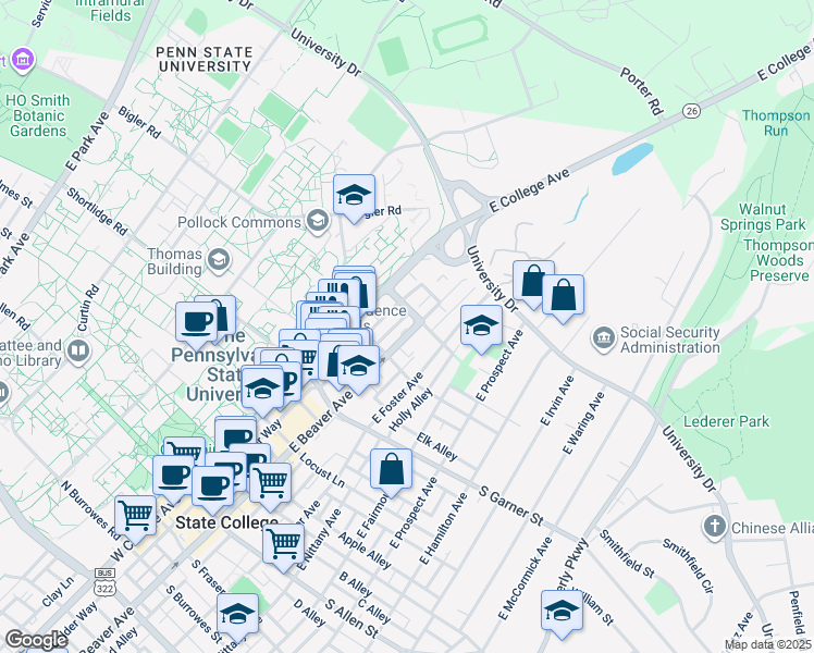 map of restaurants, bars, coffee shops, grocery stores, and more near 535 East Beaver Avenue in State College