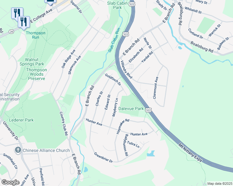 map of restaurants, bars, coffee shops, grocery stores, and more near 1259 Mayberry Lane in State College