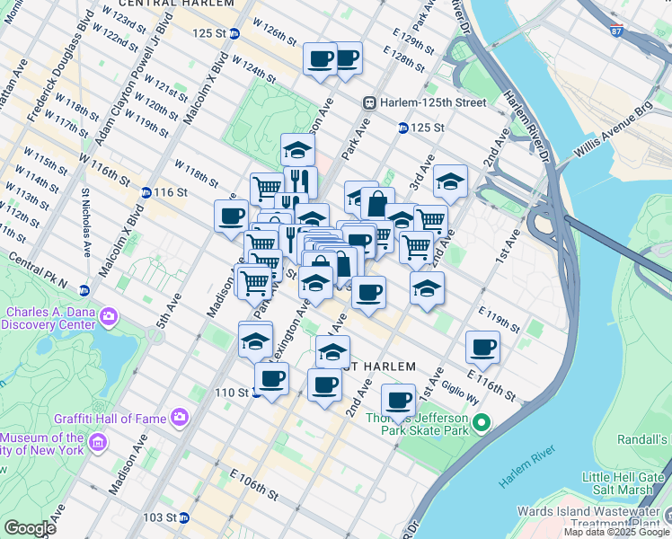 map of restaurants, bars, coffee shops, grocery stores, and more near 153 East 117th Street in New York