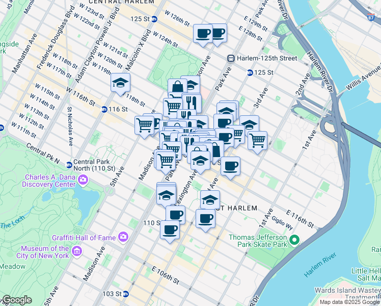 map of restaurants, bars, coffee shops, grocery stores, and more near 109 East 116th Street in New York