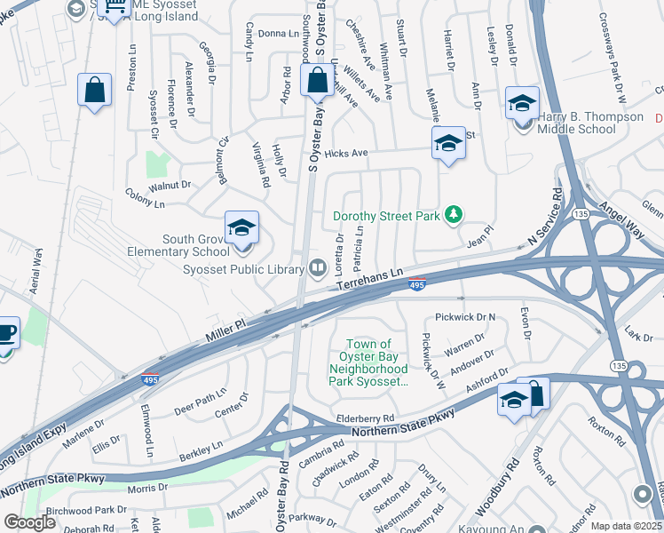 map of restaurants, bars, coffee shops, grocery stores, and more near 30 Loretta Drive in Syosset