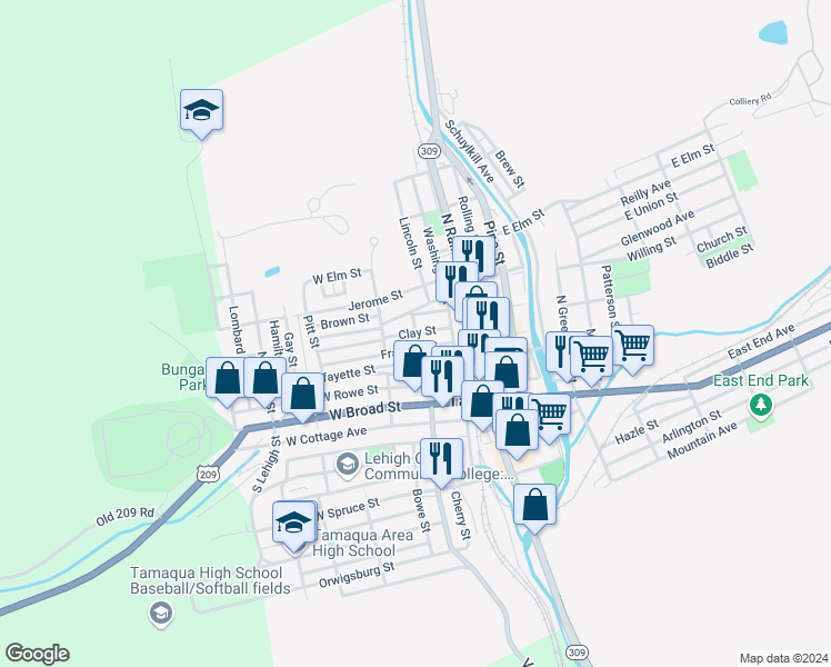 map of restaurants, bars, coffee shops, grocery stores, and more near West Street in Tamaqua