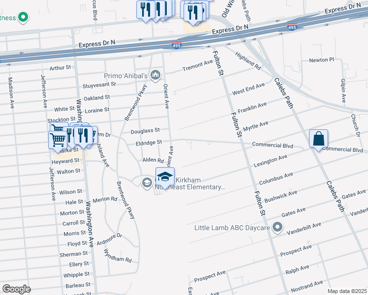 map of restaurants, bars, coffee shops, grocery stores, and more near 187 Commercial Boulevard in Brentwood
