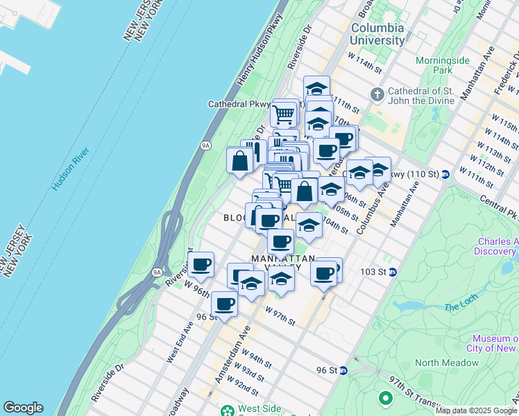 map of restaurants, bars, coffee shops, grocery stores, and more near 2701 Broadway in New York