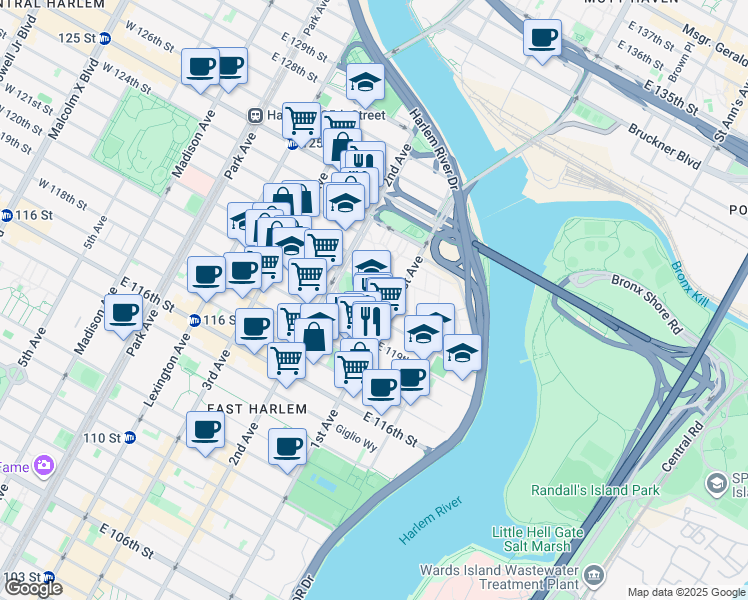 map of restaurants, bars, coffee shops, grocery stores, and more near 2351 1st Avenue in New York