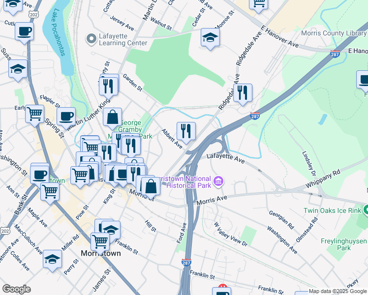 map of restaurants, bars, coffee shops, grocery stores, and more near 64 Ridgedale Avenue in Morristown