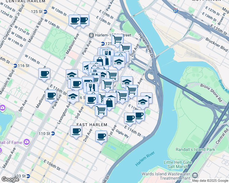 map of restaurants, bars, coffee shops, grocery stores, and more near 2334 2nd Avenue in New York