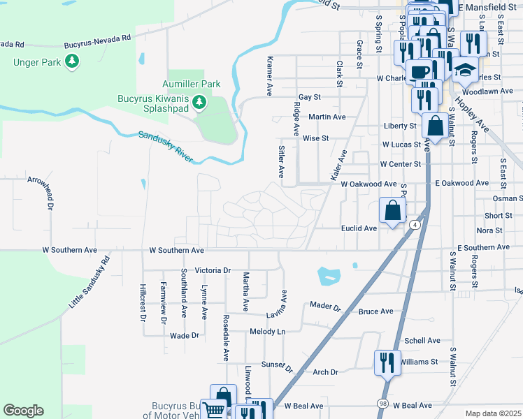 map of restaurants, bars, coffee shops, grocery stores, and more near 835 Kaler Avenue in Bucyrus