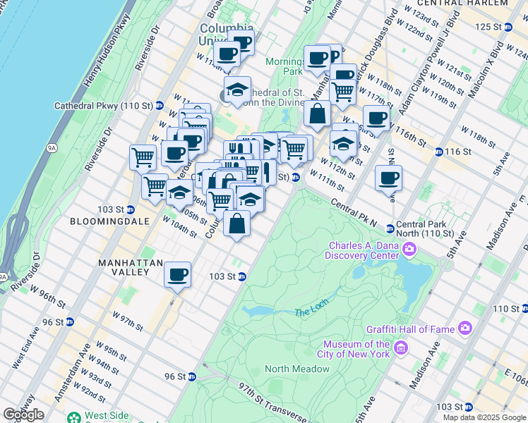 map of restaurants, bars, coffee shops, grocery stores, and more near 177 Manhattan Avenue in New York