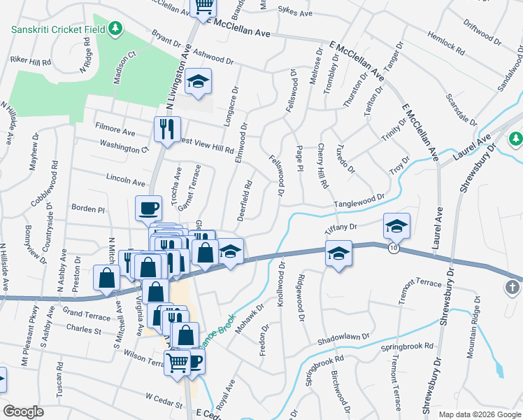 map of restaurants, bars, coffee shops, grocery stores, and more near 53 Fellswood Drive in Livingston