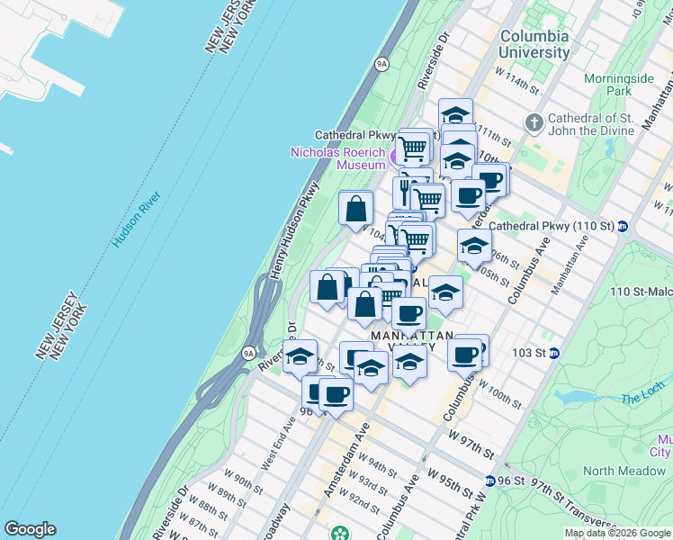 map of restaurants, bars, coffee shops, grocery stores, and more near 293 Riverside Drive in New York
