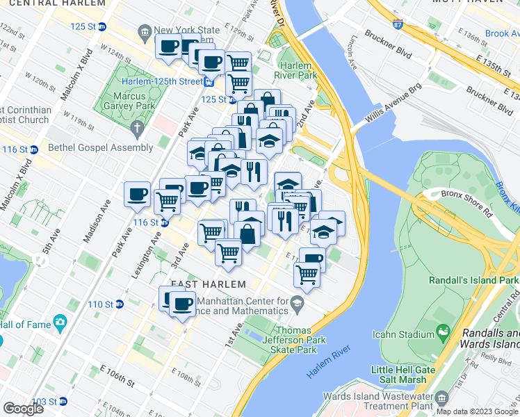 map of restaurants, bars, coffee shops, grocery stores, and more near East 120th Street in New York
