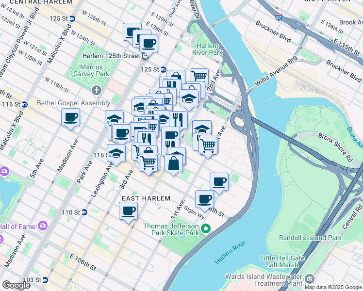 map of restaurants, bars, coffee shops, grocery stores, and more near 239 East 120th Street in New York