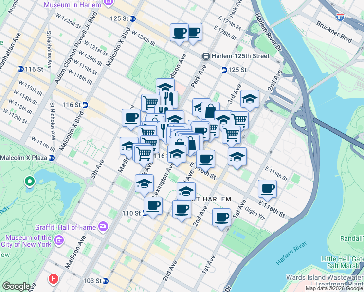 map of restaurants, bars, coffee shops, grocery stores, and more near Lexington Avenue & East 117th Street in New York