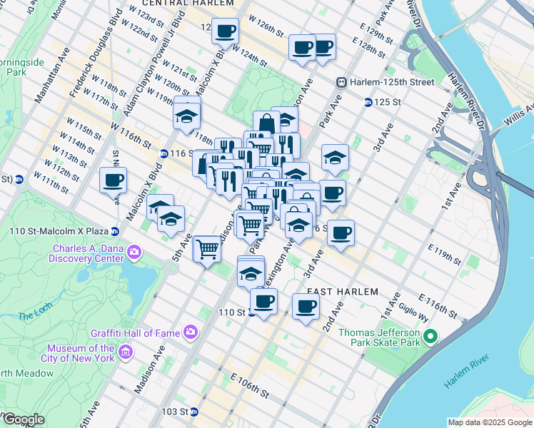 map of restaurants, bars, coffee shops, grocery stores, and more near 87 East 116th Street in New York
