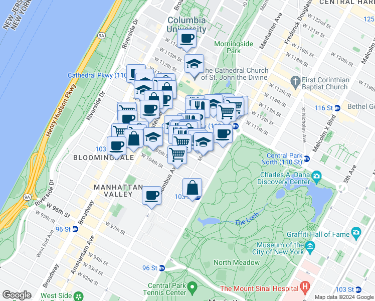 map of restaurants, bars, coffee shops, grocery stores, and more near 965 Columbus Avenue in New York