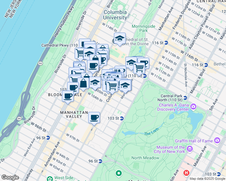map of restaurants, bars, coffee shops, grocery stores, and more near 115 West 106th Street in New York