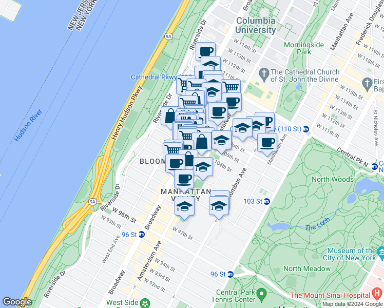map of restaurants, bars, coffee shops, grocery stores, and more near in New York