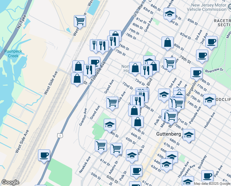map of restaurants, bars, coffee shops, grocery stores, and more near 7018 Grand Avenue in North Bergen