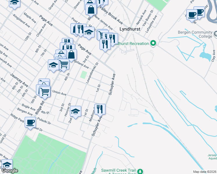 map of restaurants, bars, coffee shops, grocery stores, and more near 601 Schuyler Avenue in Lyndhurst