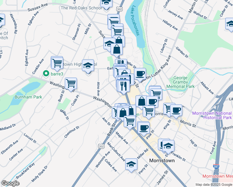 map of restaurants, bars, coffee shops, grocery stores, and more near 17 Prospect Street in Morristown