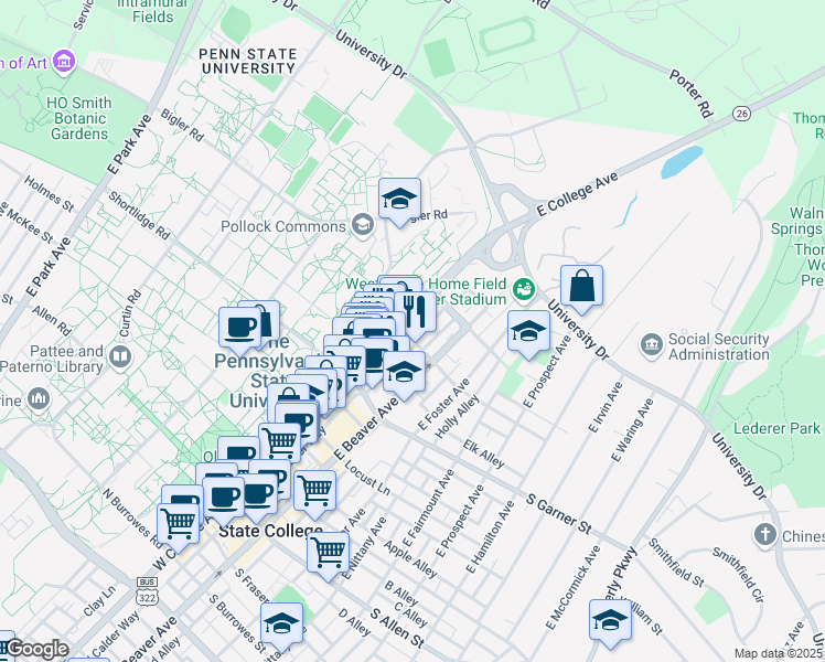 map of restaurants, bars, coffee shops, grocery stores, and more near in State College