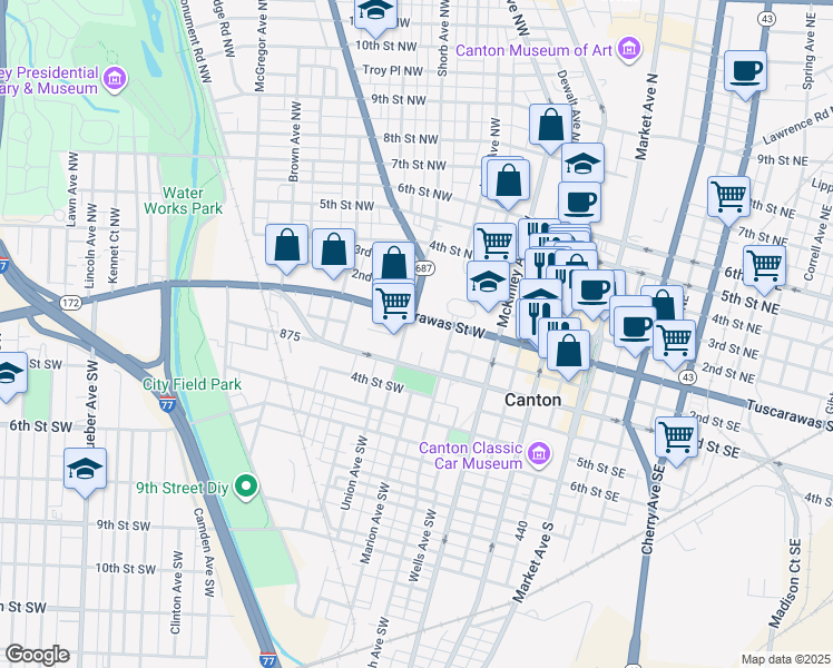 map of restaurants, bars, coffee shops, grocery stores, and more near 6 Fulton Road Northwest in Canton