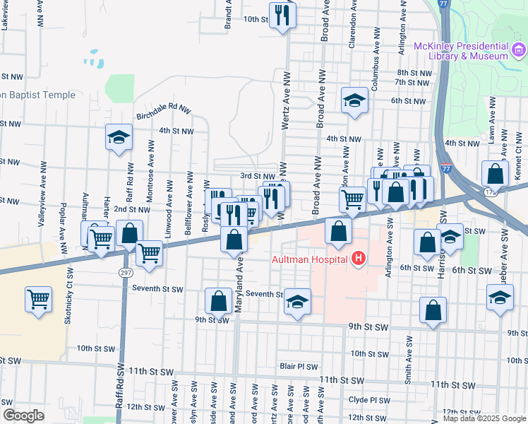 map of restaurants, bars, coffee shops, grocery stores, and more near 195 Wertz Avenue Northwest in Canton