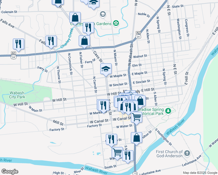 map of restaurants, bars, coffee shops, grocery stores, and more near 158 West Sinclair Street in Wabash