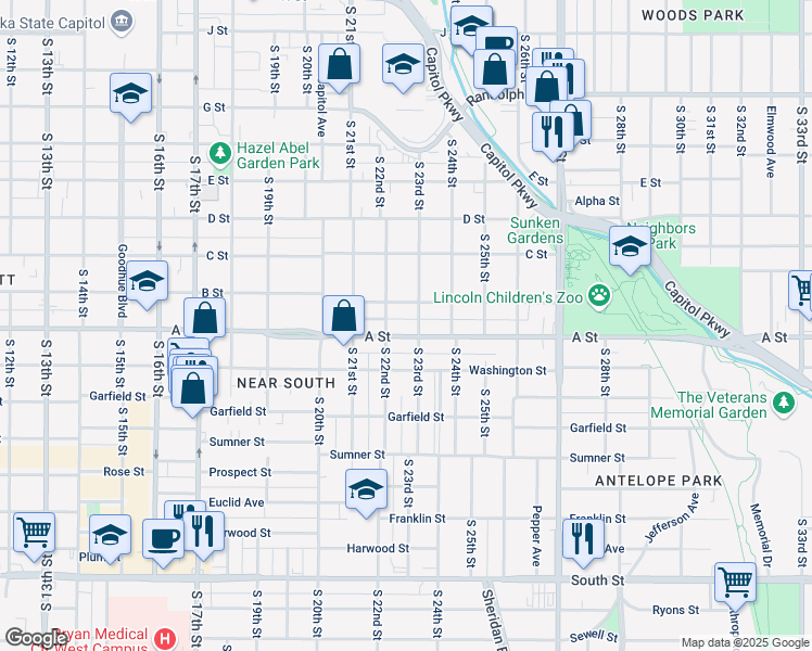 map of restaurants, bars, coffee shops, grocery stores, and more near 2230 B Street in Lincoln